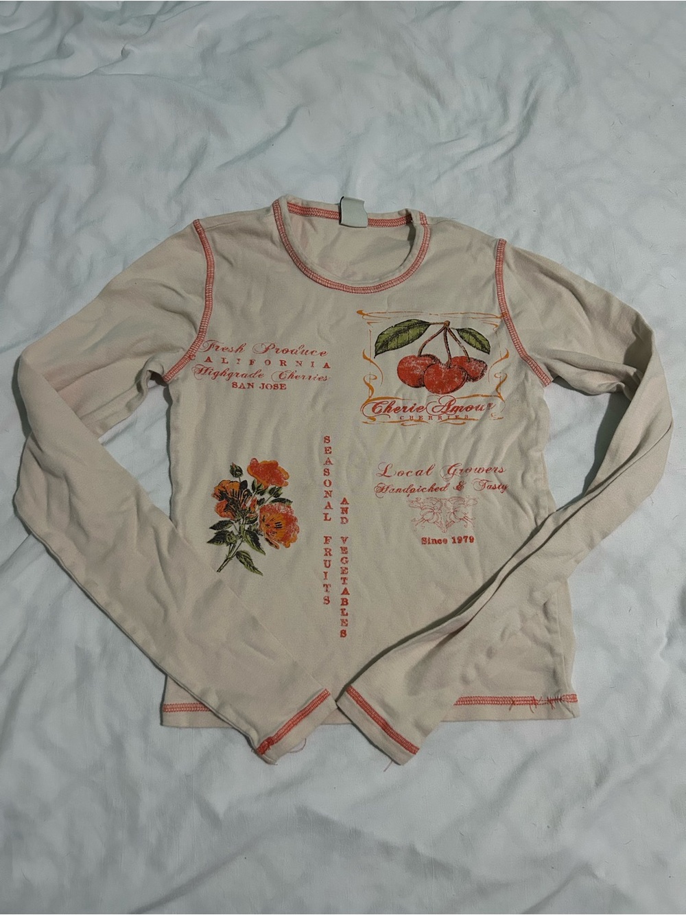 Urban Outfitters Beige Long-Sleeve Cherry & Floral Graphic Tee